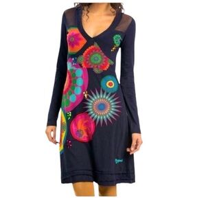 Desigual navy blue colorful sequins embroidered dress,